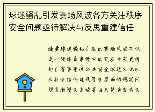 球迷骚乱引发赛场风波各方关注秩序安全问题亟待解决与反思重建信任